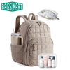 A beige collapsible laptop backpack is shown with a clear plastic sleeve and various cosmetic bottles.
