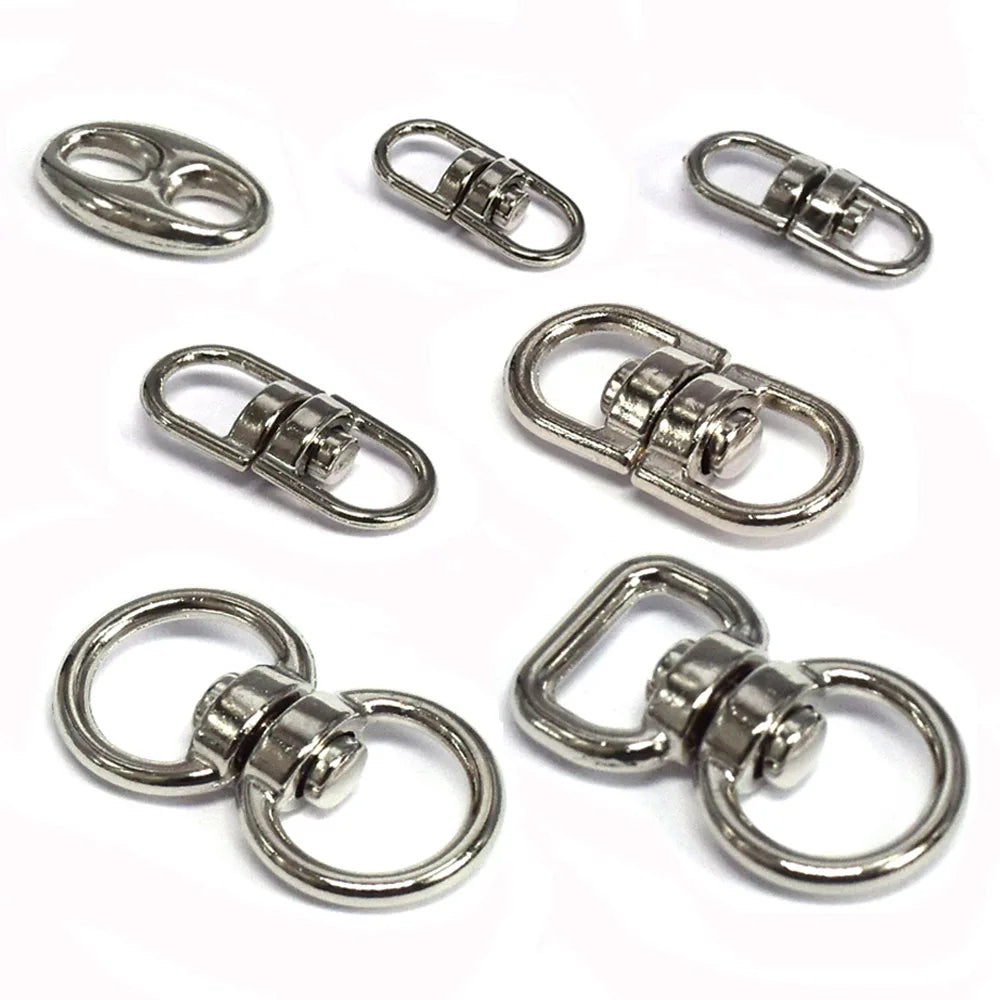 Silver swivel keychain hooks with secure clasps shown in various configurations