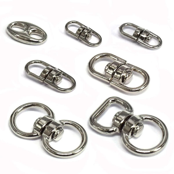 Silver swivel keychain hooks with secure clasps shown in various configurations