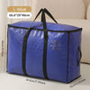 A blue woven storage bag with black handles and double zippers shown next to a sofa.