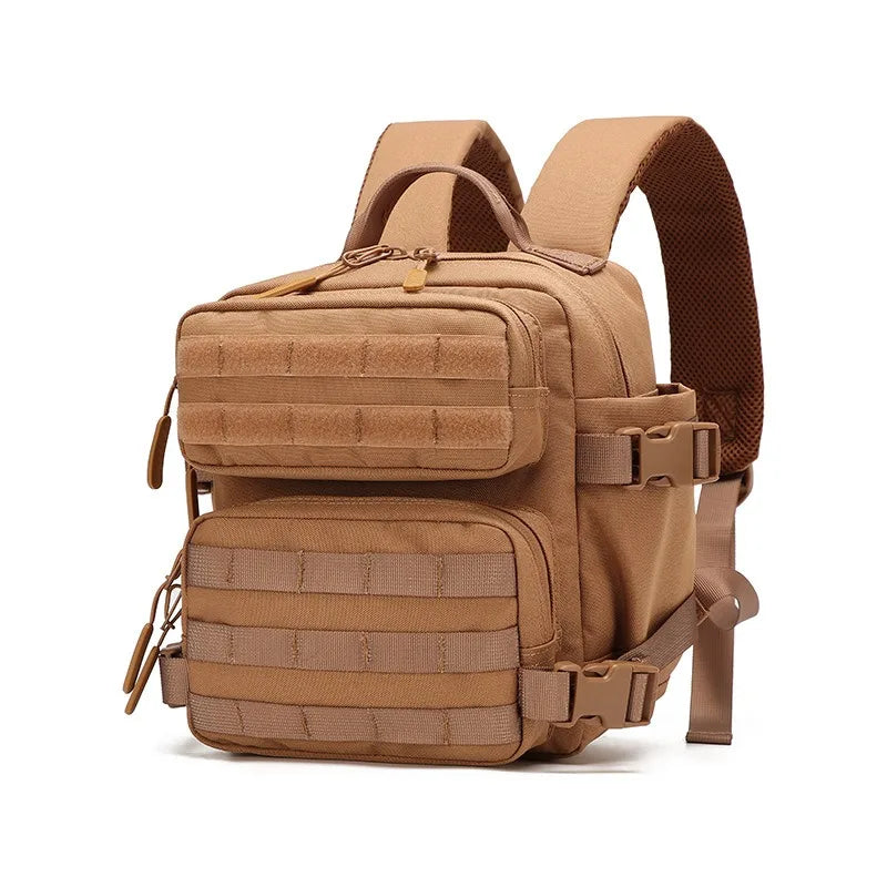 A tan tactical MOLLE backpack with multiple compartments and straps for hiking and everyday carry.