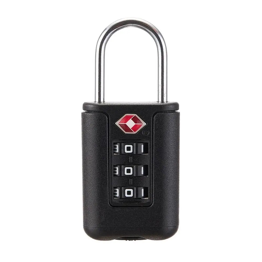 A black resettable 3-digit combination padlock with a silver shackle.