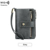 A dark grey leather wallet with a protective RFID blocking feature and multiple slots.