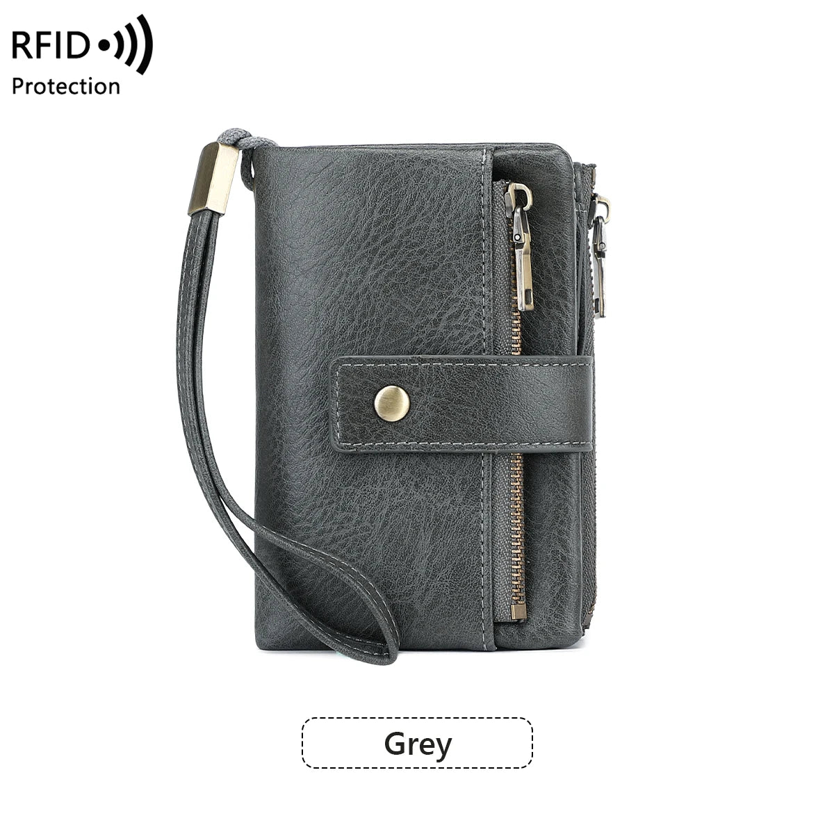 A dark grey leather wallet with a protective RFID blocking feature and multiple slots.