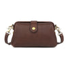 A brown genuine leather crossbody bag with a flap and gold-toned hardware.