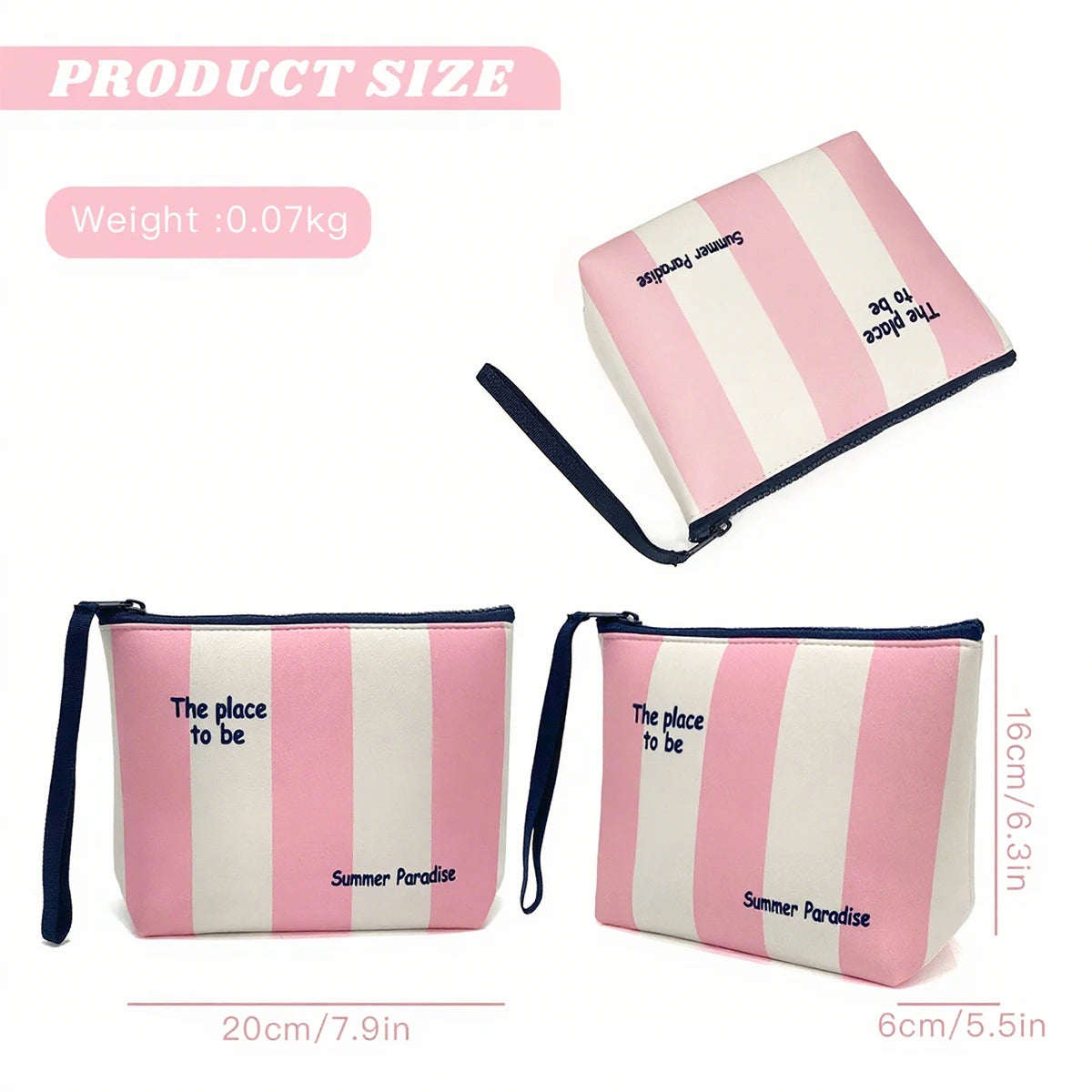 Bolsa cosmética a rayas rosa y blanca con correa negra, mide 20 cm de largo.