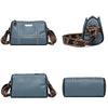 A navy blue luxury cowhide shoulder bag with brown leather straps shown in multiple views.