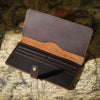 A brown genuine leather long bi-fold wallet with a snap closure resting on aged paper.