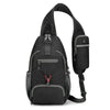 Black multi-functional nylon chest sling bag with adjustable strap and external pocket