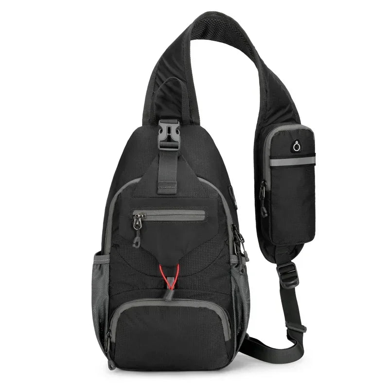 Black multi-functional nylon chest sling bag with adjustable strap and external pocket