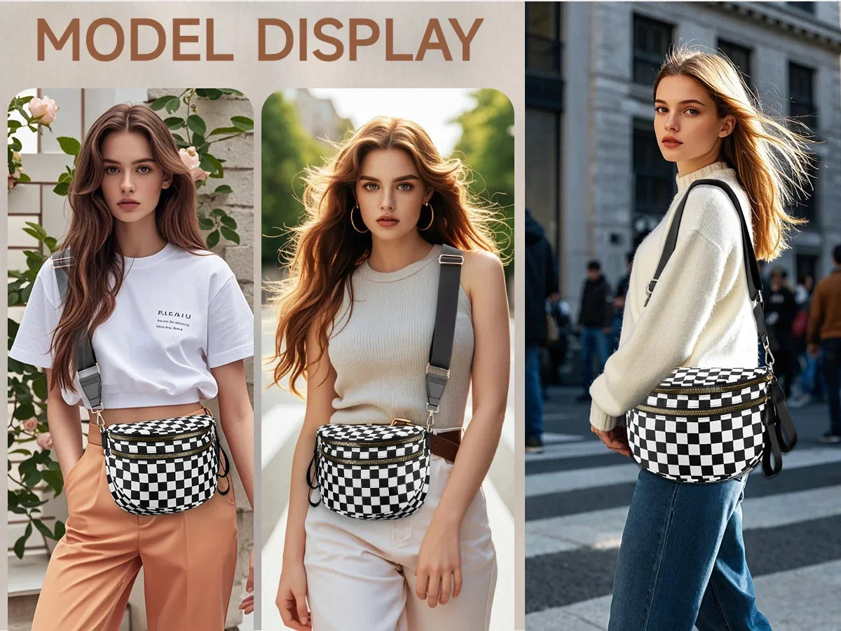 Model trägt eine karierte Crossbody-Tasche und weißes Oberteil, posiert im Freien.