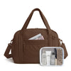 A brown expandable lightweight travel duffle bag with a shoulder strap and an open pocket containing toiletries.