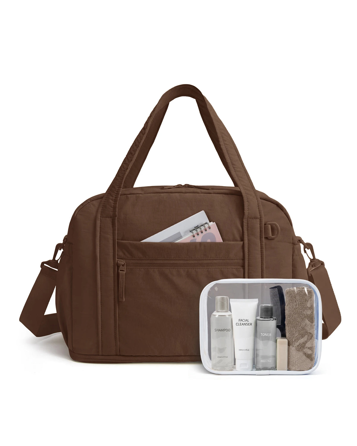 A brown expandable lightweight travel duffle bag with a shoulder strap and an open pocket containing toiletries.
