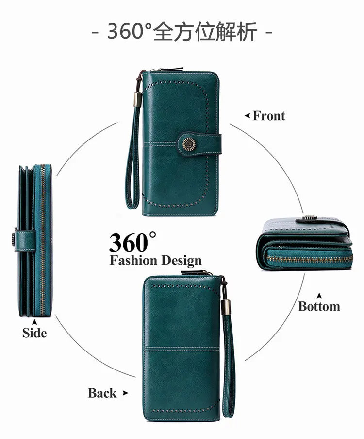 A dark teal RFID anti-theft multi-card wallet shown from the front, side, back, and bottom angles.