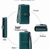 A dark teal RFID anti-theft multi-card wallet shown from the front, side, back, and bottom angles.