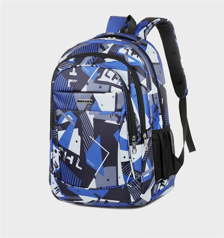 A blue and white patterned backpack designed for laptop and daily carry.