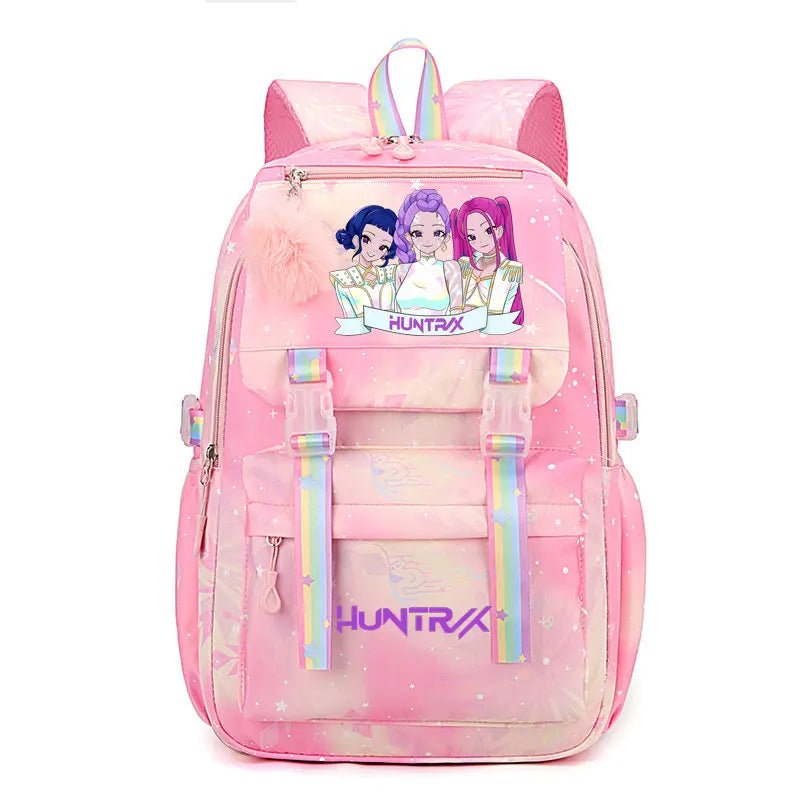 Pink and purple gradient laptop backpack featuring three anime-style girls