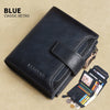 A dark blue classic retro leather wallet with a zipper and card slots is shown on a light background.