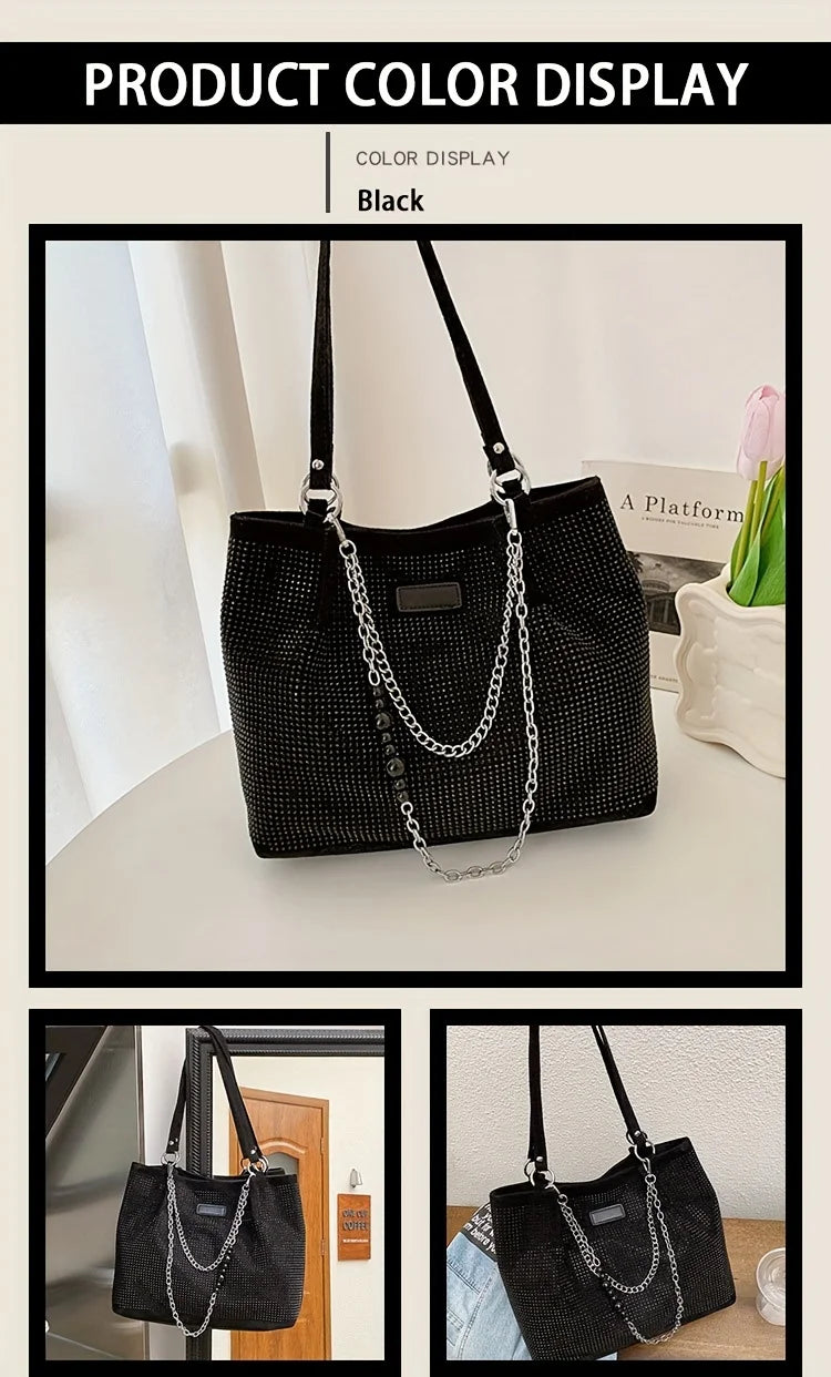 Schultertasche aus schwarzem Glitzer-Strassketten auf weißem Untergrund