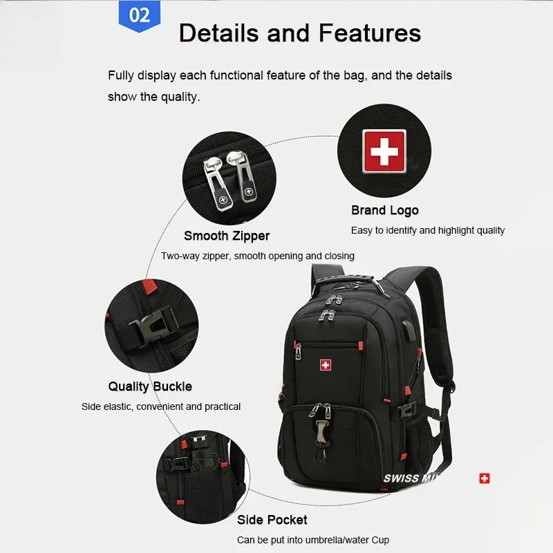 Details and features of a black durable waterproof laptop backpack showing zipper, buckle, and side pocket features