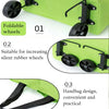Three views of a green fabric accessory featuring foldable wheels and a handbag design.