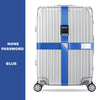 Silver rolling suitcase with a blue cross strap and belt, featuring a none password lock.