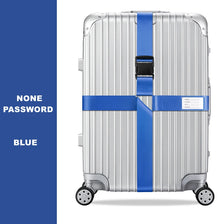Silver rolling suitcase with a blue cross strap and belt, featuring a none password lock.
