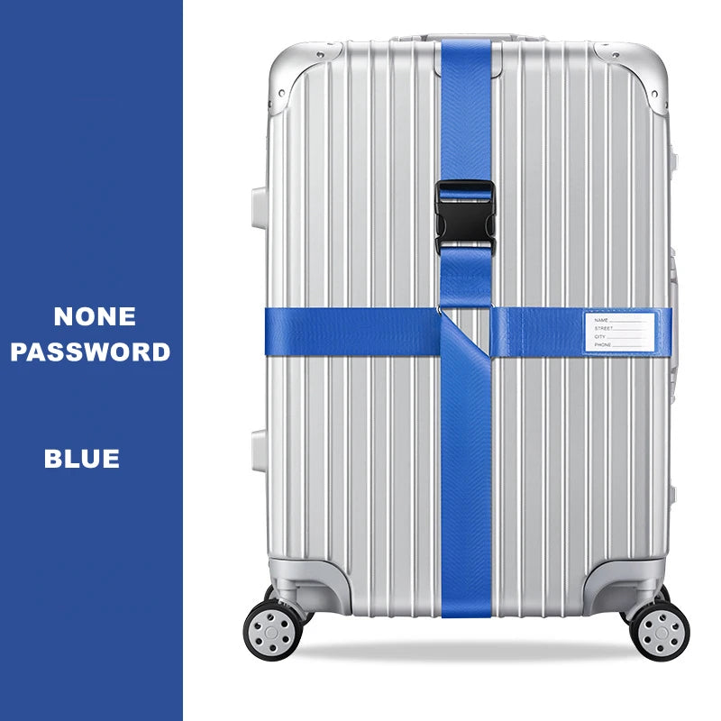 Silver rolling suitcase with a blue cross strap and belt, featuring a none password lock.