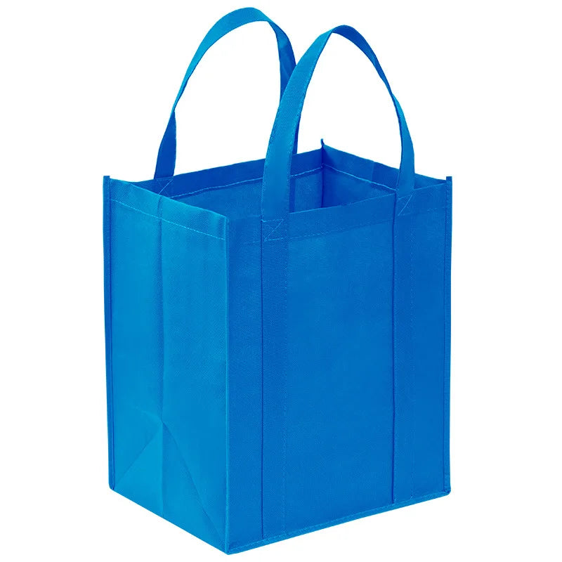 A bright blue reusable eco-friendly tote bag with handles.