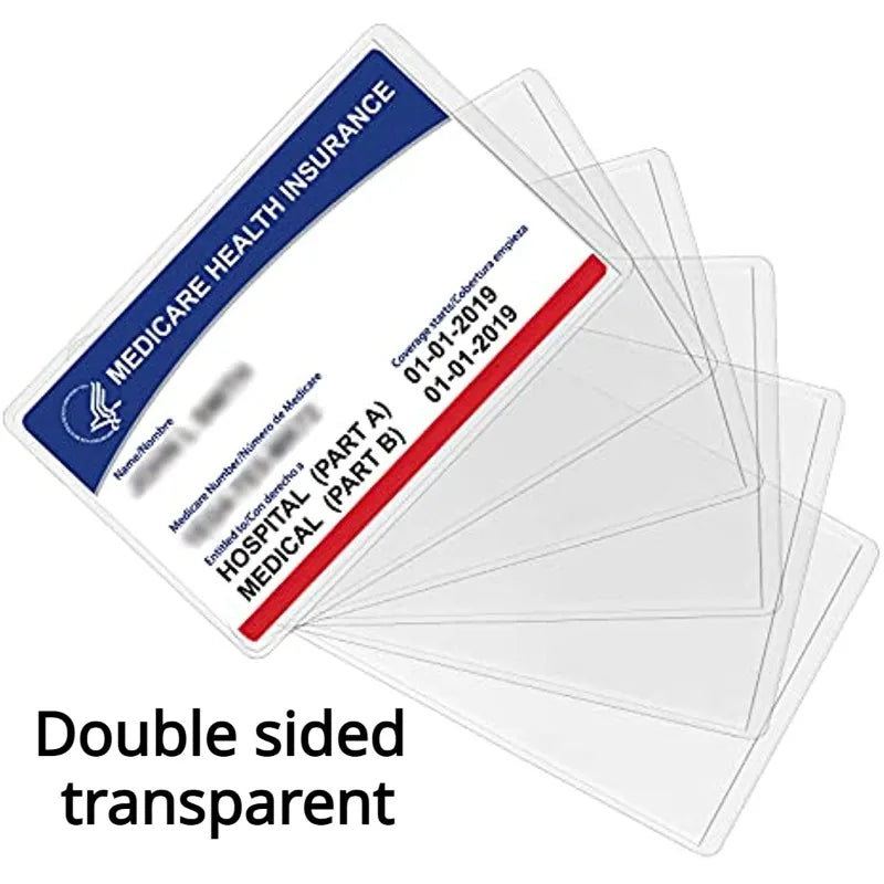 A stack of double-sided transparent PVC card protector sleeves featuring a Medicare health insurance card as an example.