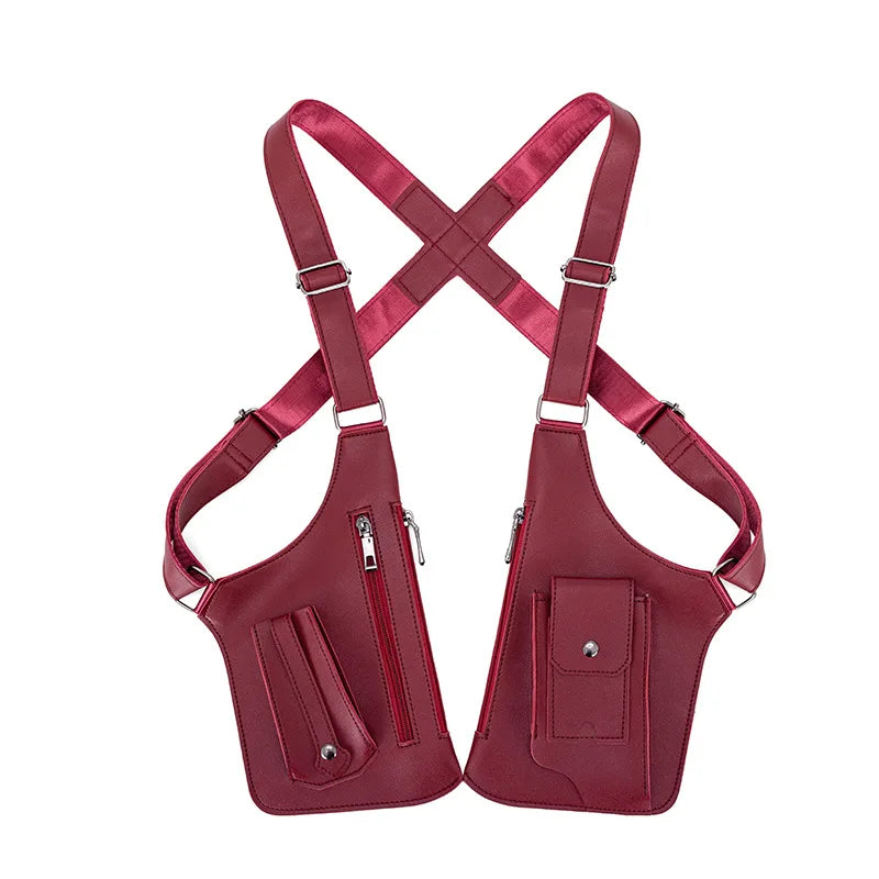 Maroones Kunstleder-Umhängetasche mit Brieftasche, im X-förmigen Design.