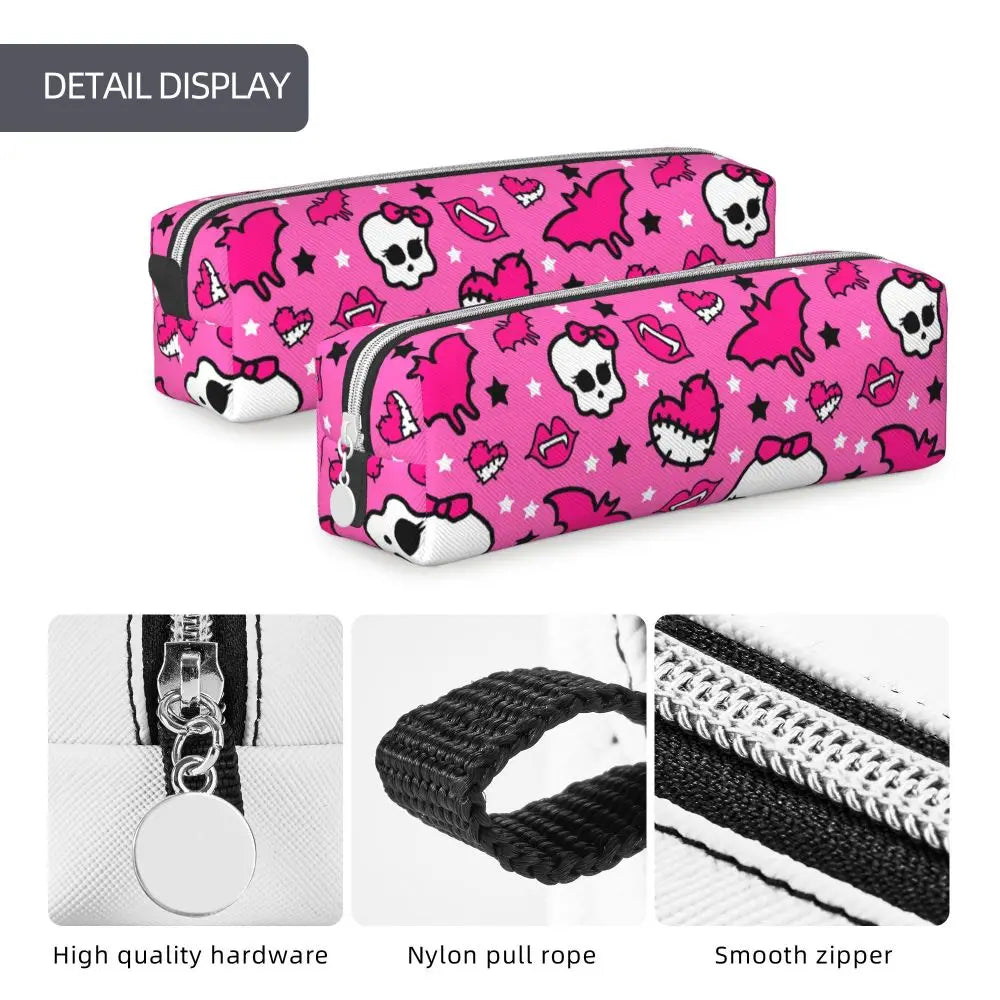 Pink patterned pencil case featuring cute designs and high quality hardware