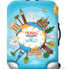 A light blue suitcase with a colorful world map design featuring landmarks and tropical elements.