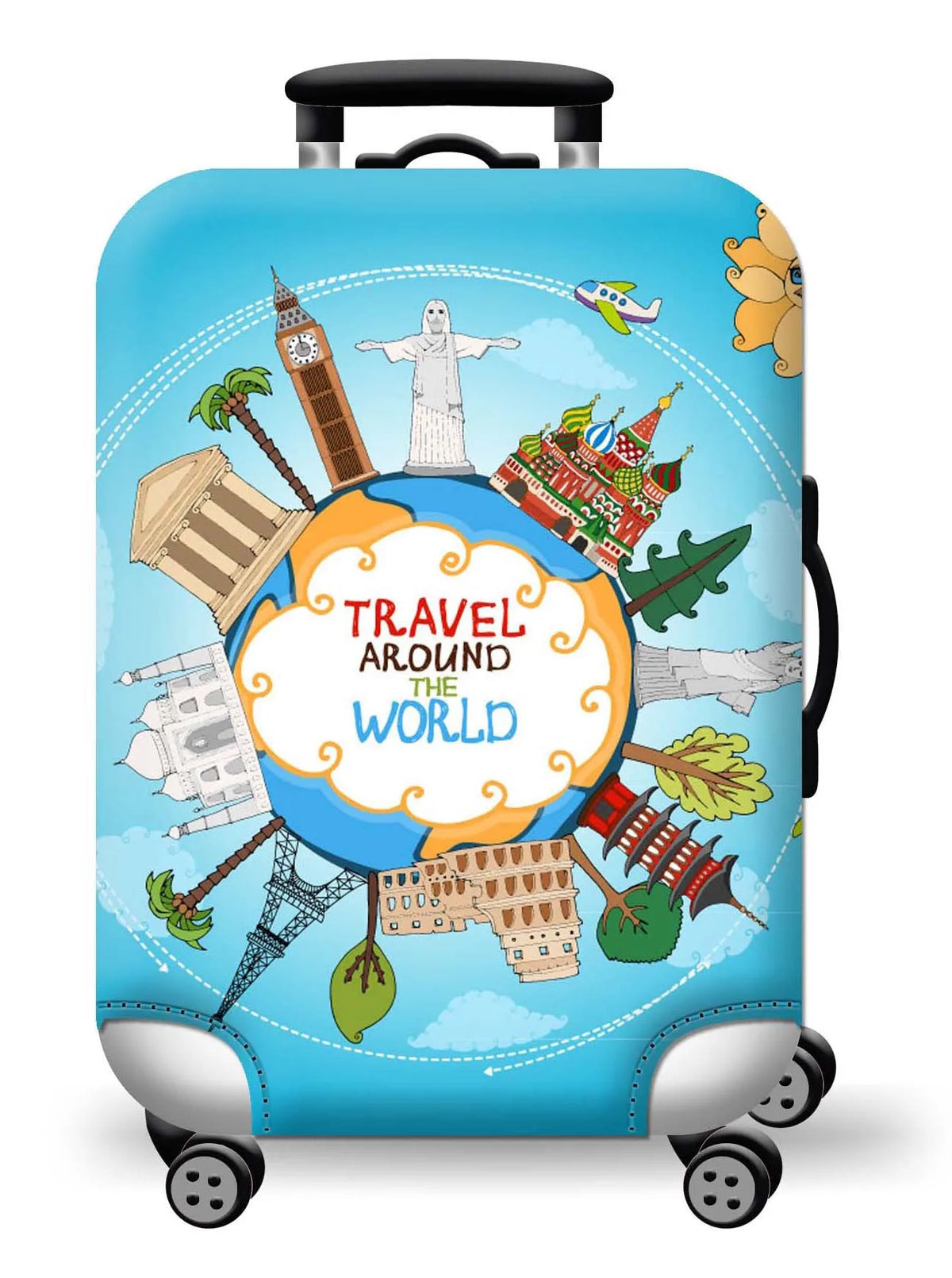 A light blue suitcase with a colorful world map design featuring landmarks and tropical elements.