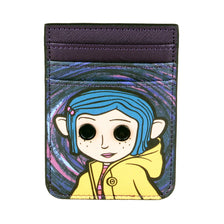 A purple credit card holder featuring an illustration of a blue-haired character in a yellow hoodie.