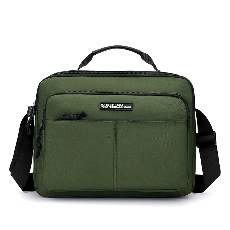 Olive green professional waterproof business briefcase with black strap and logo tag