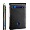 A black slim wallet with a front pocket displaying an RFID chip and a protective sleeve.