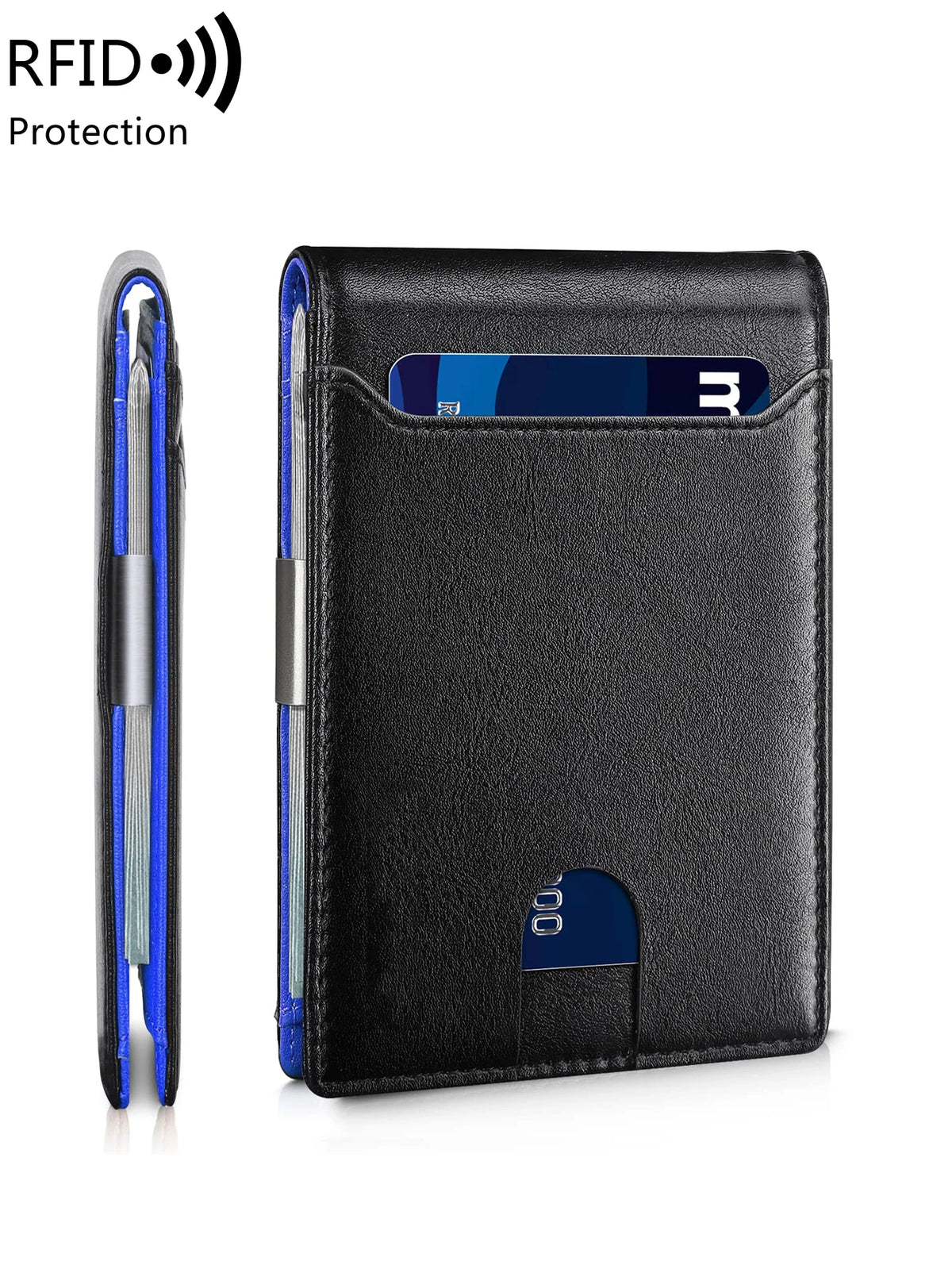 A black slim wallet with a front pocket displaying an RFID chip and a protective sleeve.