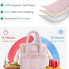 Pink insulated lunch bag with quilted design showing features like polyester fabric and foam padding