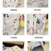 Various views of a white and red floral pattern corduroy fashion backpack showing features like lining, strap adjustment, and