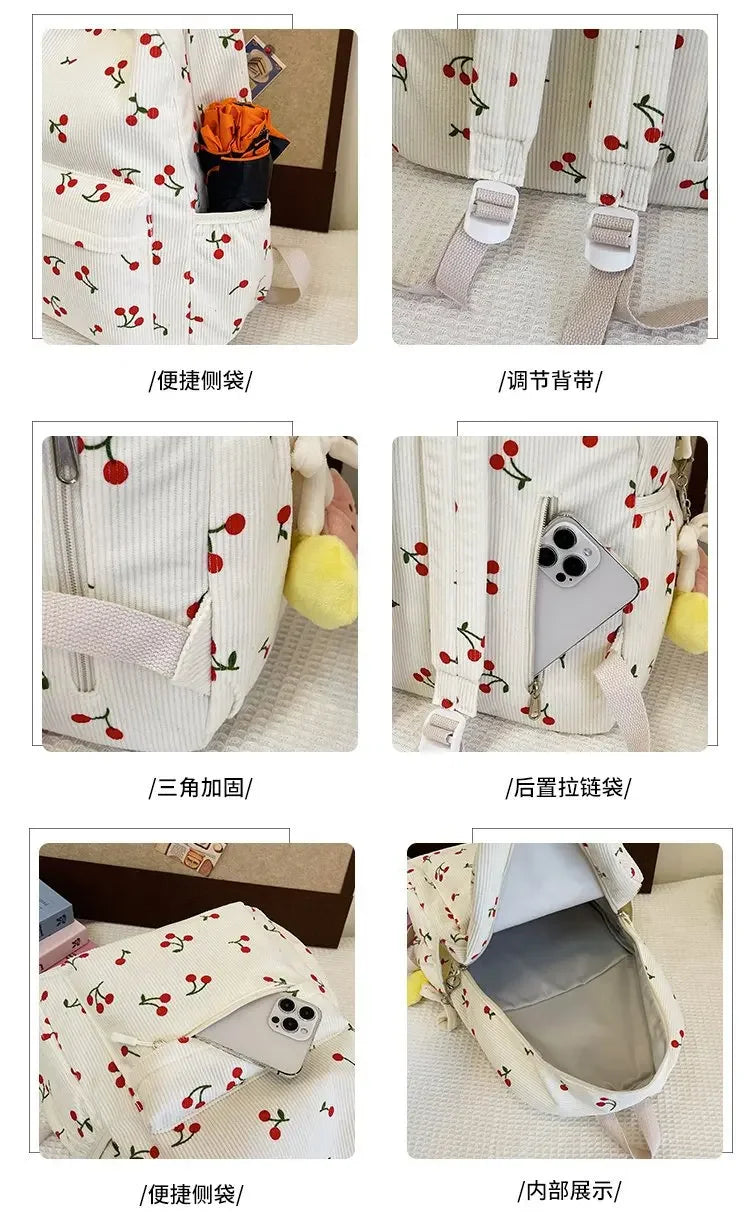 Various views of a white and red floral pattern corduroy fashion backpack showing features like lining, strap adjustment, and