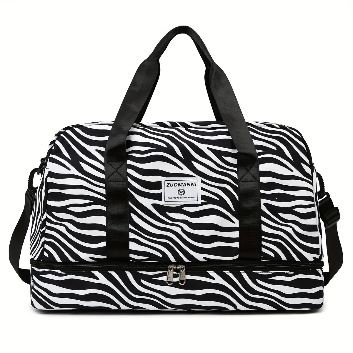 A black and white zebra print nylon travel duffle bag with black handles.