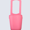 A bright pink foldable silicone cup holder designed for bikes, strollers, and carts.