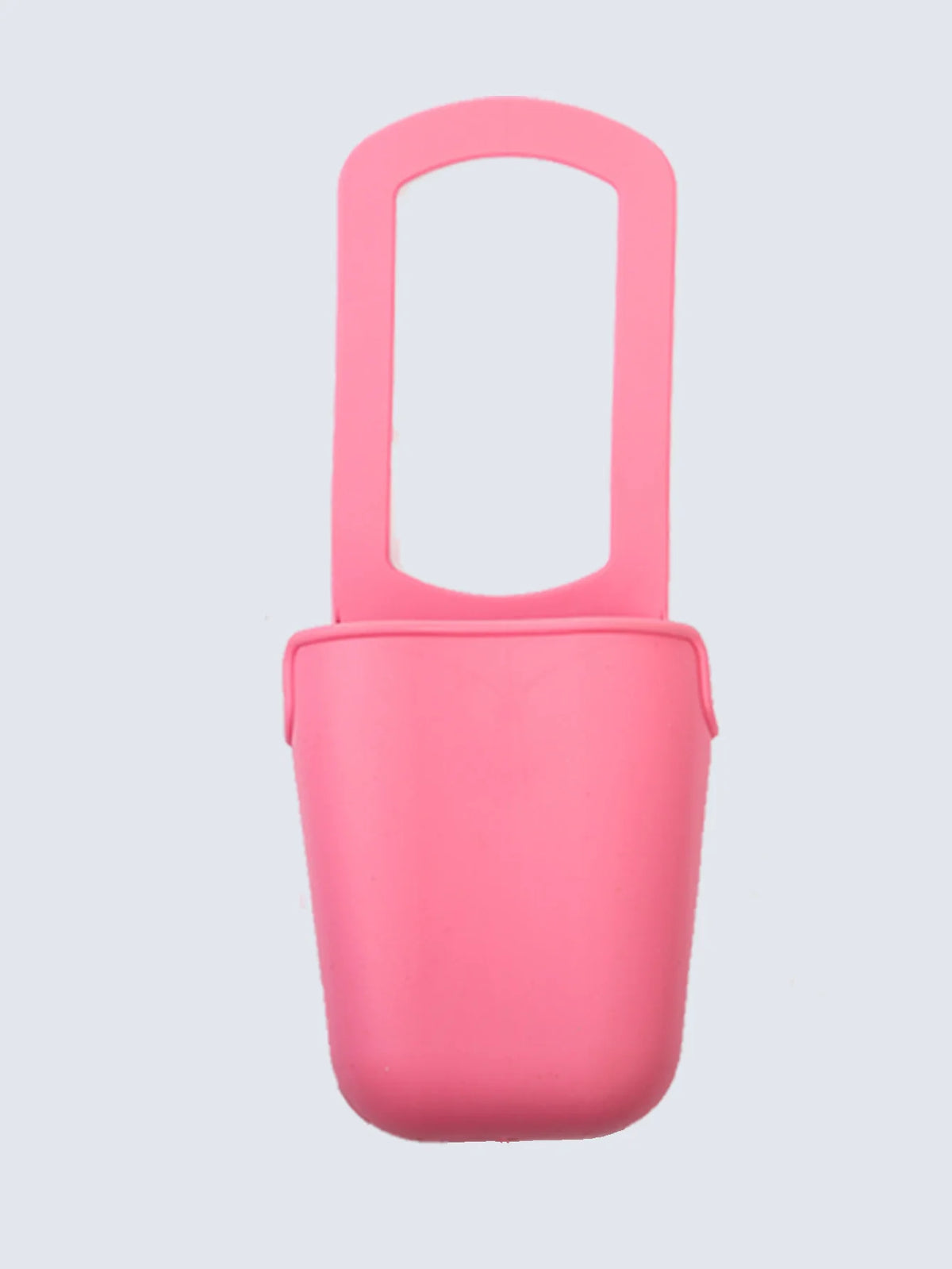A bright pink foldable silicone cup holder designed for bikes, strollers, and carts.