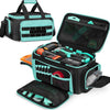 A black and teal multi-pocket tool bag with an open lid showing various tools and accessories.