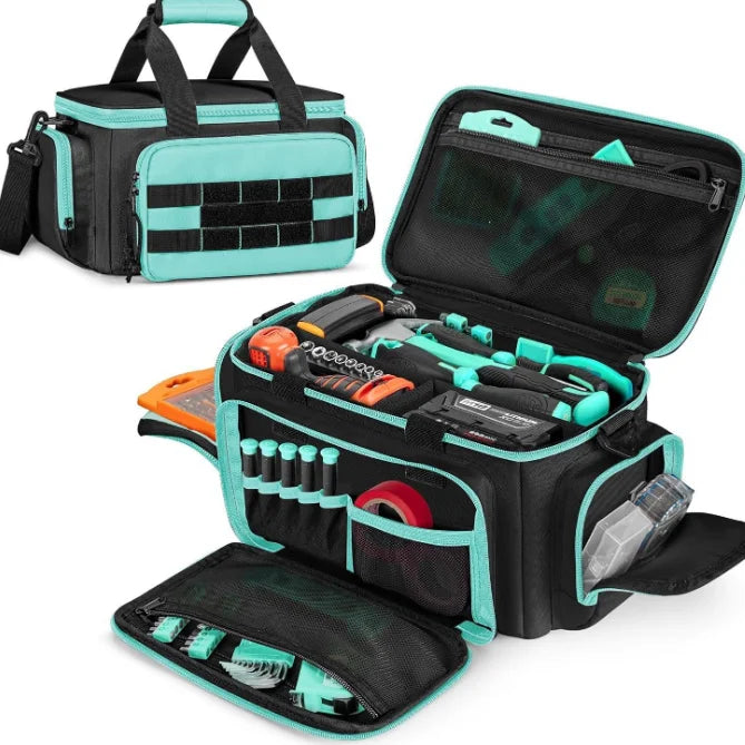 A black and teal multi-pocket tool bag with an open lid showing various tools and accessories.