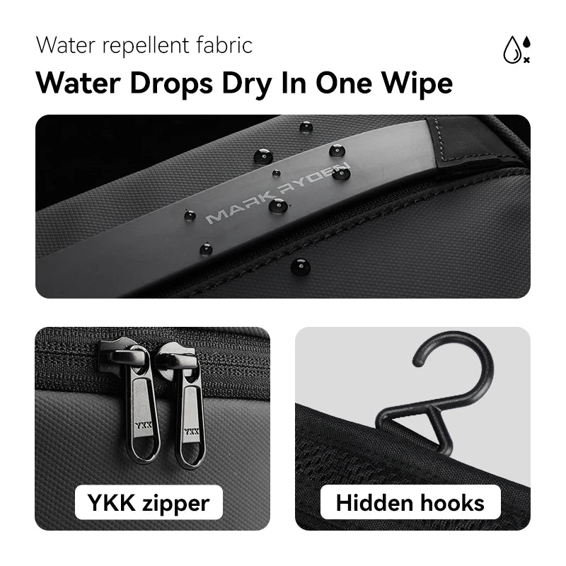 Close-up of a black fabric water repellent material and YKK zipper with hidden hooks on a toiletry organizer bag.