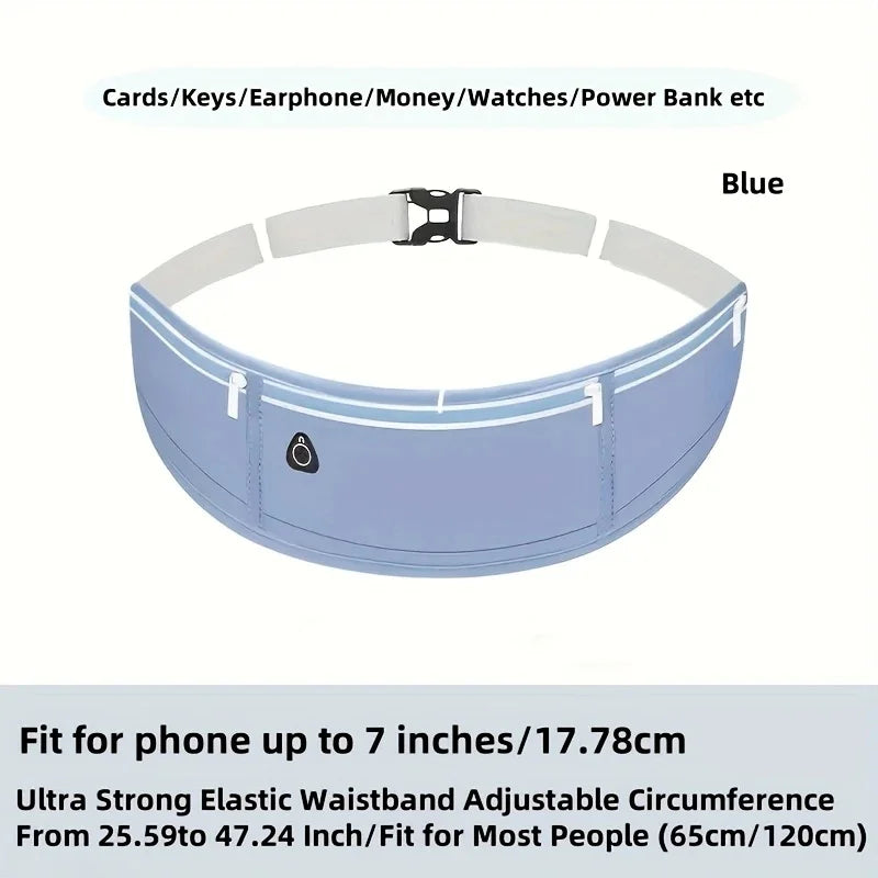 Blue elastic waist pack designed to hold cards keys earphones money watches and power bank