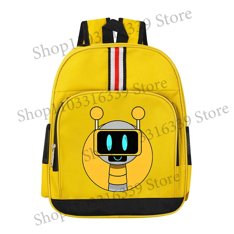 A yellow cartoon anime backpack featuring a robot face design.