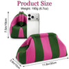 A striped knit clutch bag in pink and green is shown next to a smartphone for size reference.